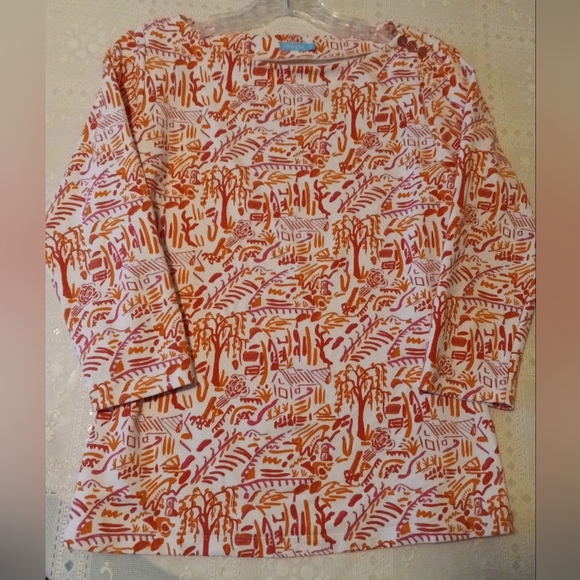 J. McLaughlin White Pink Orange Village Print Button Boatneck Top - XS - Picture 7 of 10